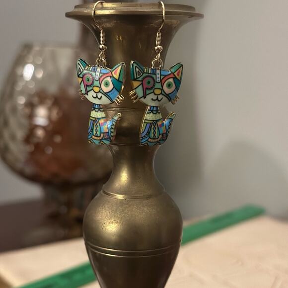 Multicolor metal and enamel cat earrings. New. Lightweight and very colorful. - Picture 1 of 3